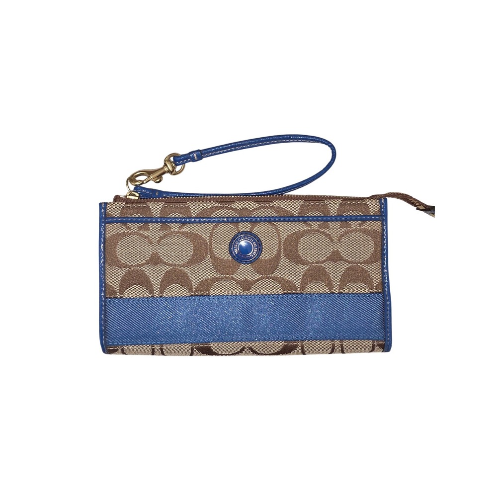 Coach Signature Jacquard Large Wristlet Brown Blue Patent Leather 46484